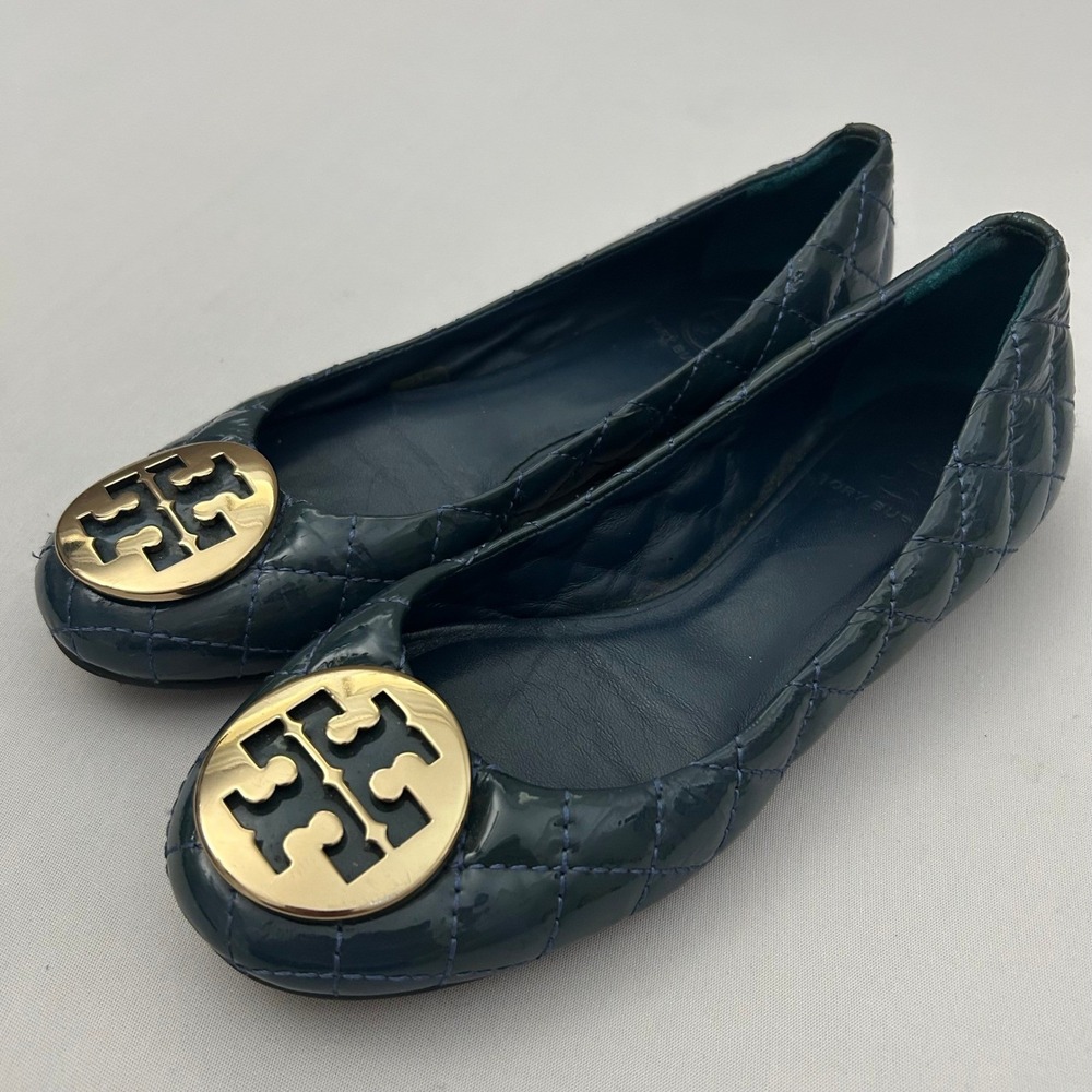 Tory Burch Quinn Ballet Flats Womens 6.5 Blue Quilted Patent Leather Gold Logo